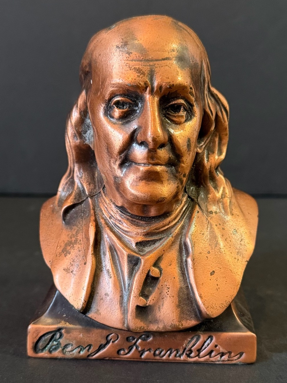 Vintage Ben Franklin Promo Gift Copper Tone Metal Bust Coin Bank - NO KEY
